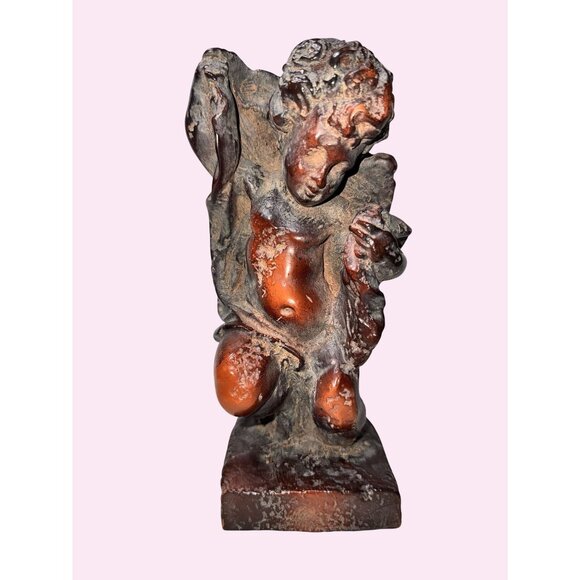Antique Burl Wood Handcarved Cherub Sculpture - Picture 1 of 8